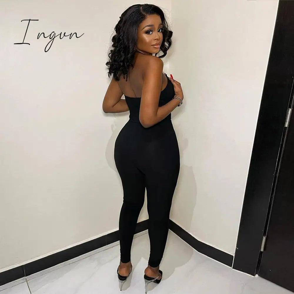 Ingvn - Sexy Halter Lace Up Backless Slim Jumpsuits Women Sleeveless Cut Out Pencil Pants One Piece Rompers 2023 Summer Elegant Clothes