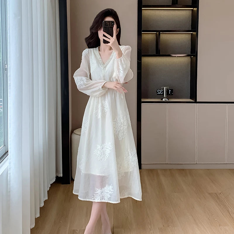 Elegant Fashion Casual Party Midi Dresses for Women Summer New Embroidered Flares V-neck Long Sleeve Female Clothing Korean