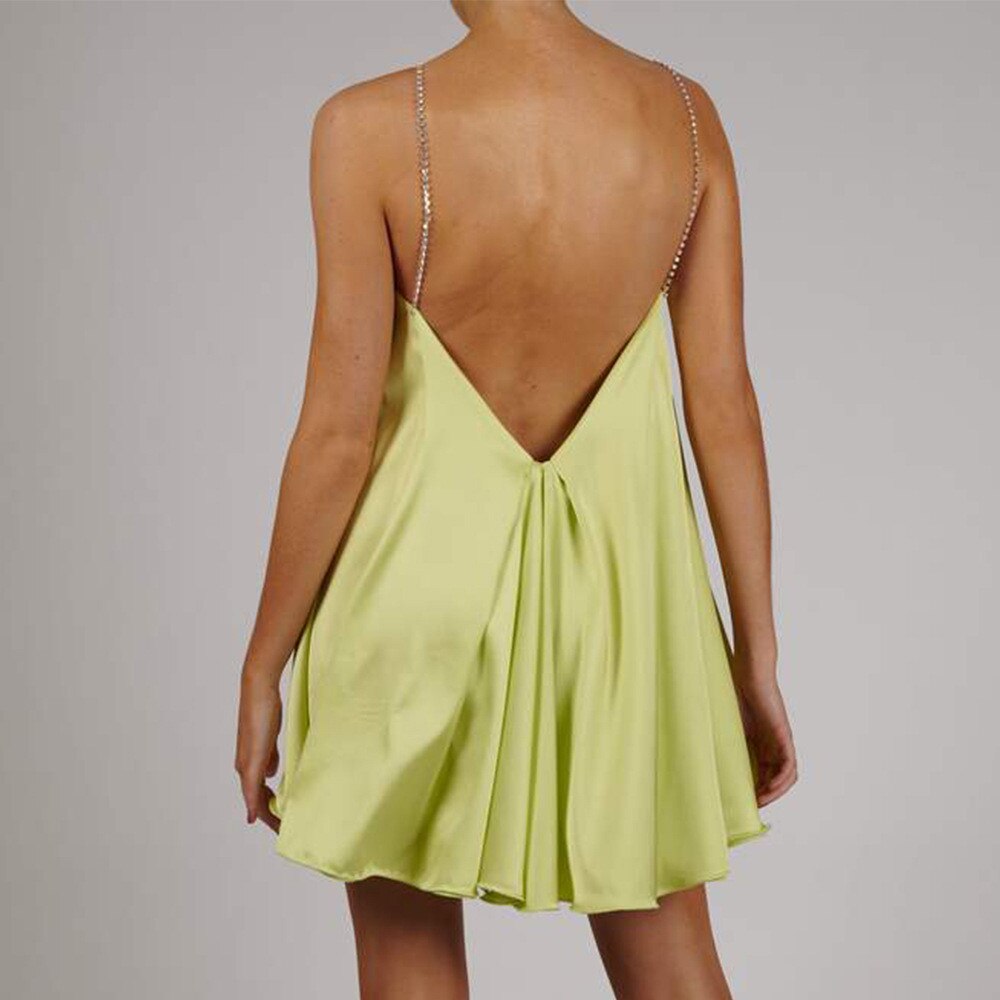 Diamante Chain Satin Low Back Swing Dress With Iridescent Crystal Straps and Neck Sexy Celebrity Party Elegant Women Dress