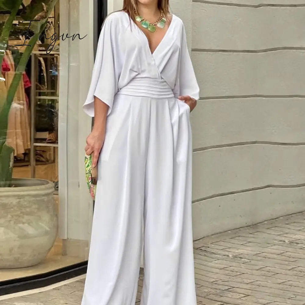 Ingvn - Women Jumpsuit Summer Short Bat Sleeve V Neck Backless Nipped Waist Loose Wide Legs Casual Pants Romper High Streetwear