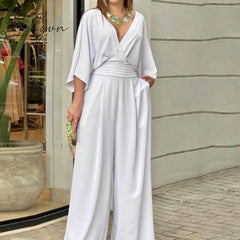 Ingvn - Women Jumpsuit Summer Short Bat Sleeve V Neck Backless Nipped Waist Loose Wide Legs Casual Pants Romper High Streetwear