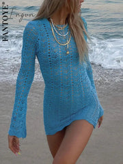 Ingvn - Round Collar Backless Blue Dress Women Sexy Long Sleeve Elegant Beachwear Solid Bodycon See Through Sheath Dress Female