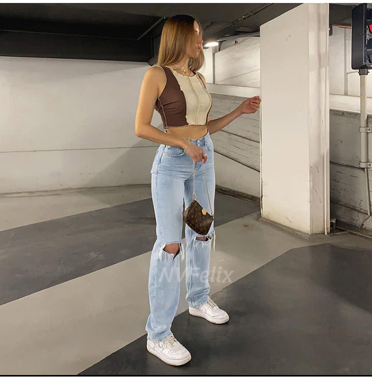 Voguable  Womens Loose Fit Jeans  Ripped Wide Leg For Women High Waist Blue Wash Casual Cotton Denim Trousers Summer Baggy Jean Pants