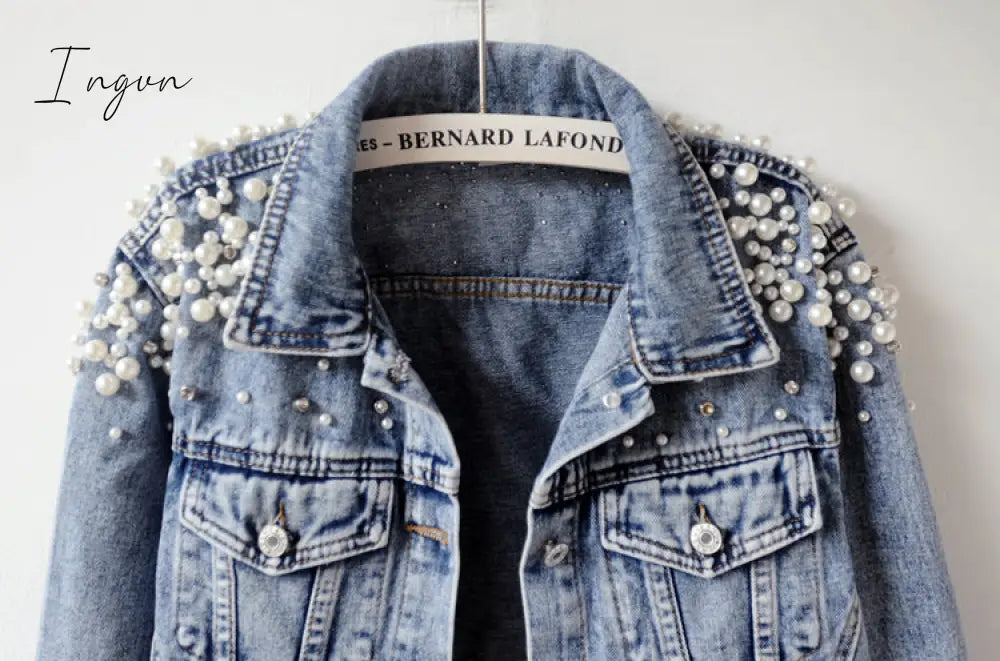Ingvn - Denim Jacket Women New Autumn Women's Jean Jackets  Pearl  Casual Denim Jacket Women Coat Long Sleeve Outerwear