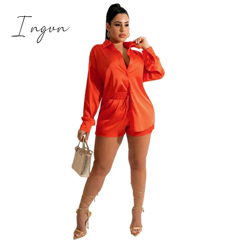 Ingvn - Women Elegant Satin Two Piece Sets Casual Feamle Solid Loose Outfits Long Sleeve Shirt And Wide Leg Straight Pants Suits