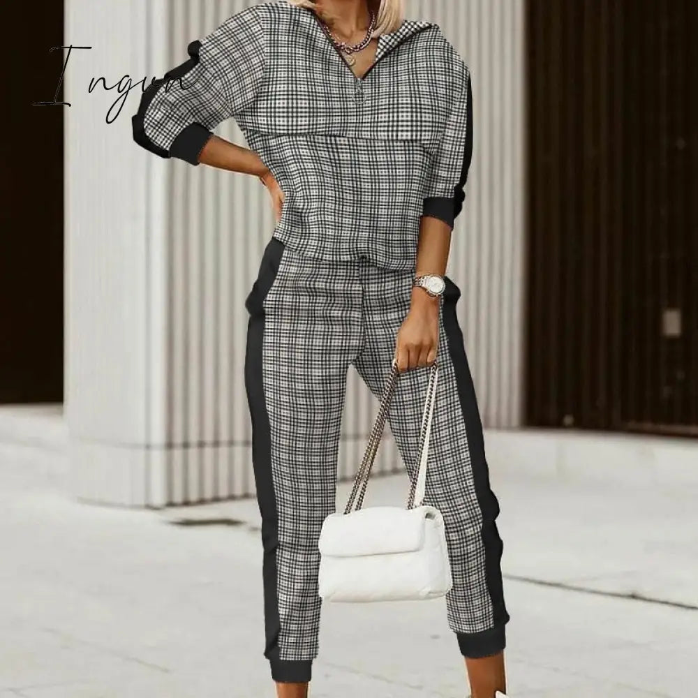 Ingvn - Spring Autumn Women Fashion Print Splicing Tracksuits Two Piece Sets Female Casual Long Sleeve V Neck Top Jogging Pant Suit