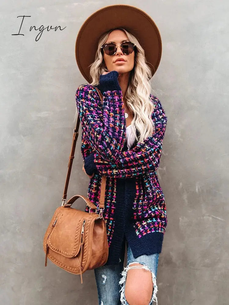 Ingvn - Fitshinling Bohemian Plaid Cardigans Women Vintage Long Coat Female Jacket Knitwear Winter Slim Sweater Cardigan Pockets