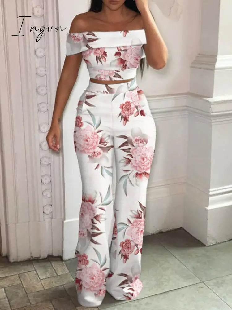 Ingvn - Matching Set Women Slash Neck Pullover Top High Elastic Waist Wide Leg Pants Ladies Outfit Summer Printing Slim Streetwear Suit