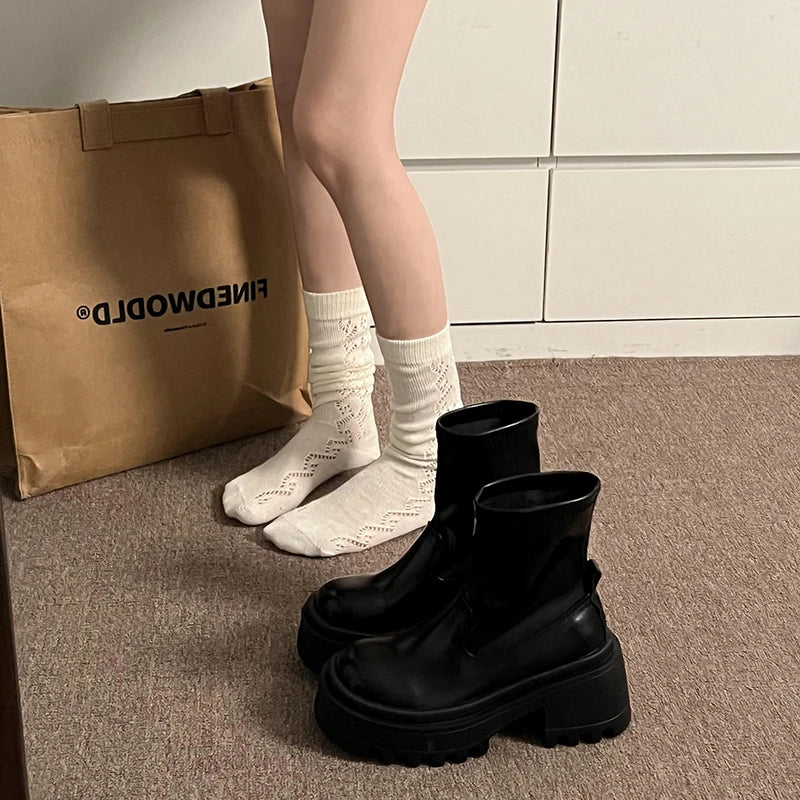 Ingvn  Winter Punk Style Women Knee High Boots Fashion Slip On Platform Long Booties Designer Square Heels Botas De Mujer