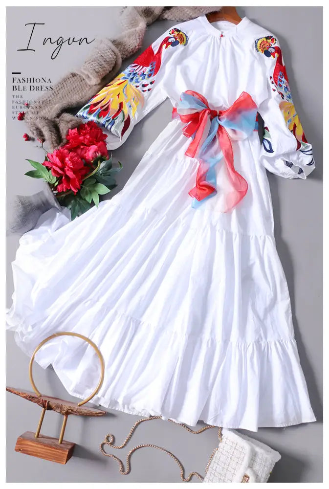 Ingvn - High Quality Luxury Design Runway Female Elegant Embroidery Women Dress Lantern Sleeve High Waist Maxi Long Dresses
