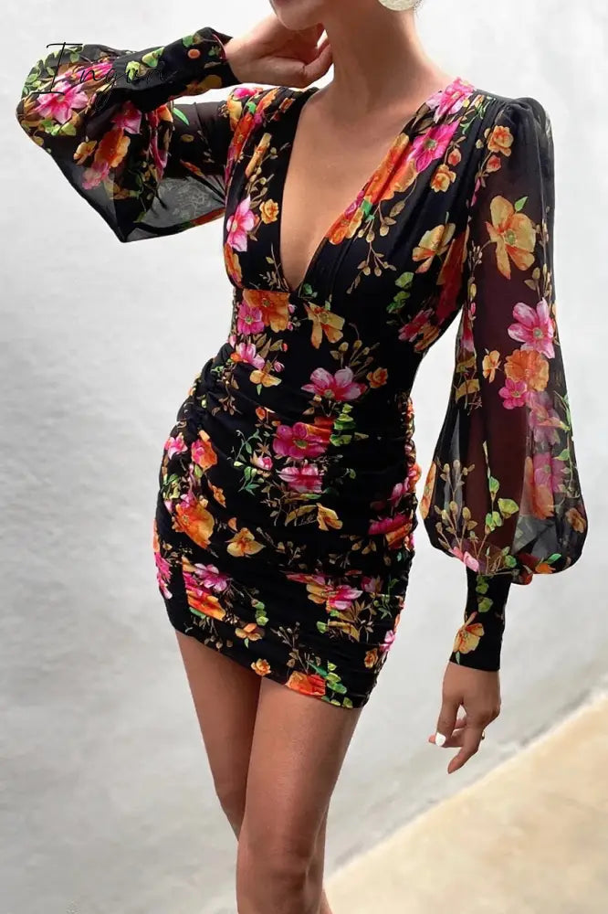 Ingvn - Women Sexy Deep V Neck Floral Print Long Lantern Sleeve Ruched Dress Summer Elegant Female Bodycon Party Dress Vestido
