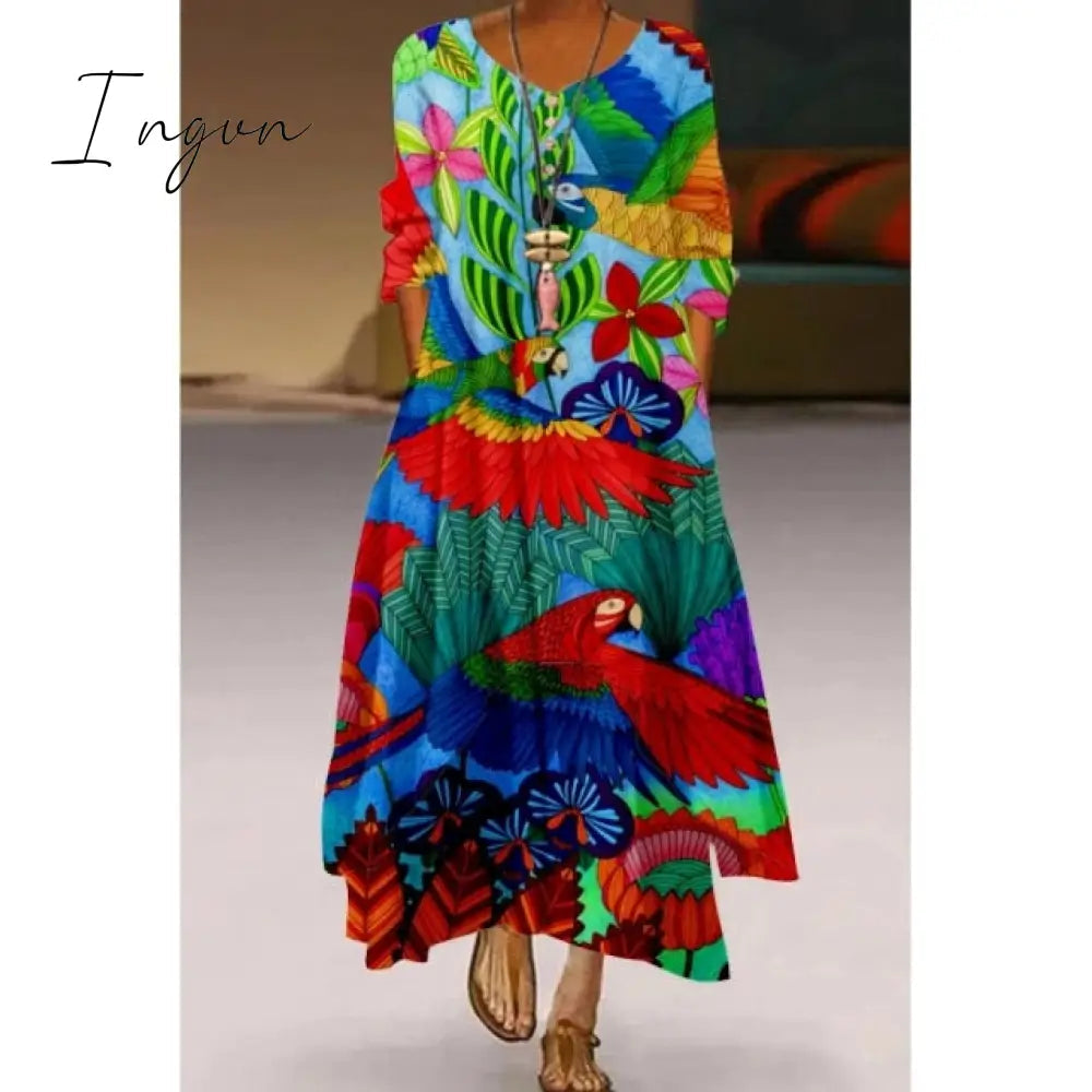 Ingvn - Fashion Summer Maxi Dress Women's Printed Sundress Casual Short Sleeve Vestidos Female High Waist Robe Femme midi elbise