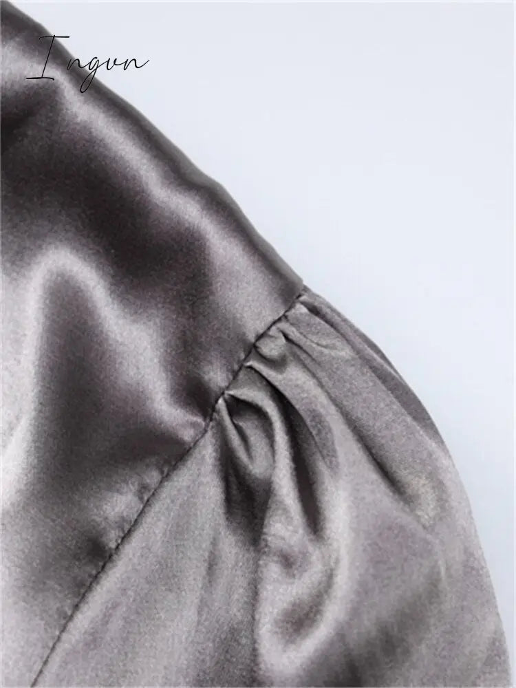 Ingvn - Womens Fall Fashion Satin Ruched Deep V Neck Long Sleeve Mini Bodycon Dress Women Autumn Winter Elegant Sexy Party Dresses