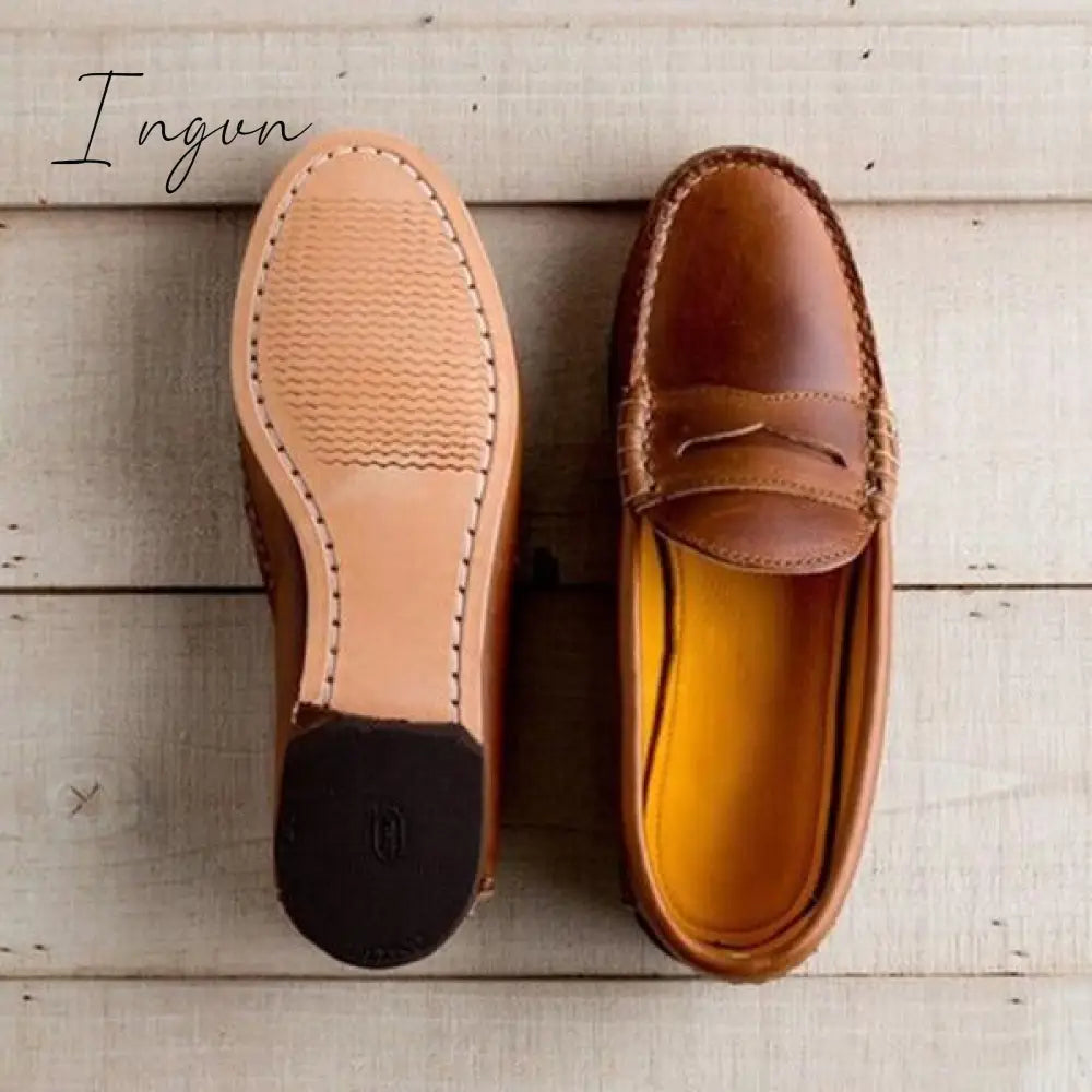 Ingvn - Women Vintage Slip On Loafers Low Heel Pu Leather Loafers