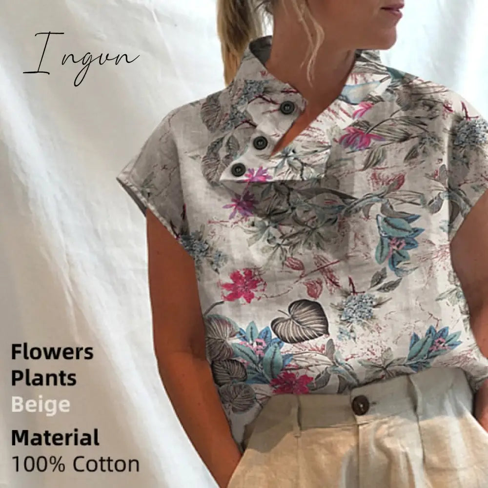 Ingvn - New Stylish Tunic Tops Plus Size Women Short Sleeve Summer Blouses Buttons Solid Cotton Linen Tops Casual Loose Blusas Femme