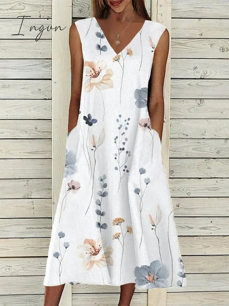 Ingvn - Women's Two Piece Dress Set Casual Dress Print Dress Outdoor Daily Fashion Elegant Pocket Print Midi Dress V Neck Half Sleeve Floral Regular Fit Pink Blue Purple Summer Spring S M L XL XXL