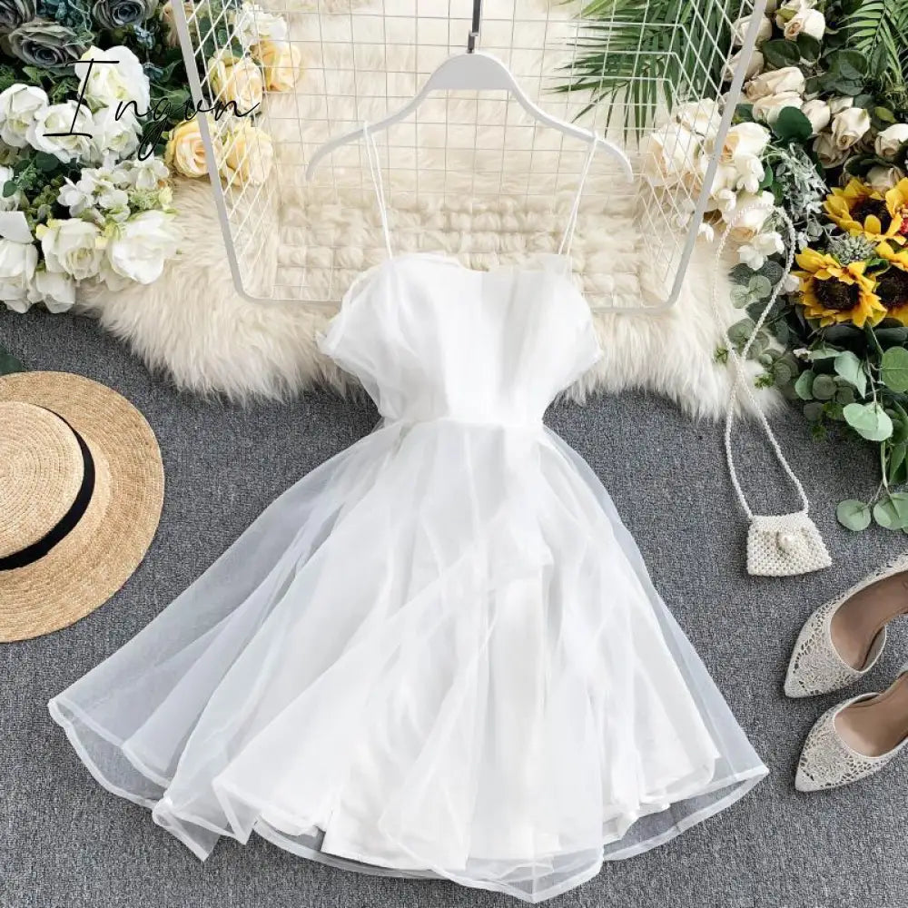 Ingvn - Spring Outfits Summer Spaghetti Strap High Waist Sleeveless Mini Chiffon Elegant Women Lady Female Dress