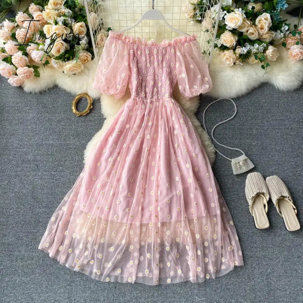 Ingvn - Embroidered Off-Shoulder Dresses Fairy Chic Gentle Dress Female New Style Sweet Daisy Printed Mesh Long Floral Dress Female