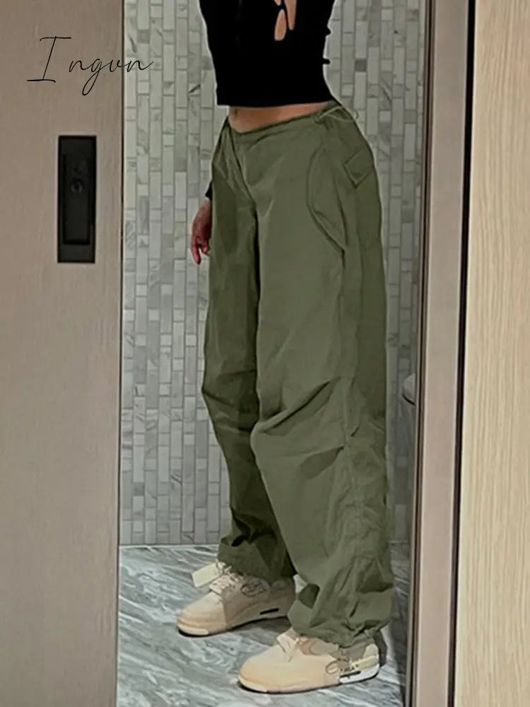 Ingvn - Casual Baggy Wide Leg Sweatpants White Loose Drawstring Low Waist Streetwear Cargo Pants Womens Hippie Joggers Trousers