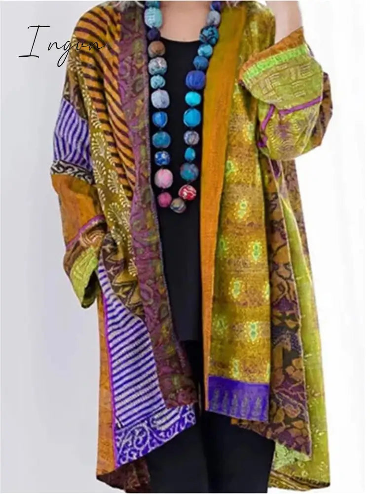 Ingvn - Ethnic Style Striped Printed Cotton Linen Midi Length Coat