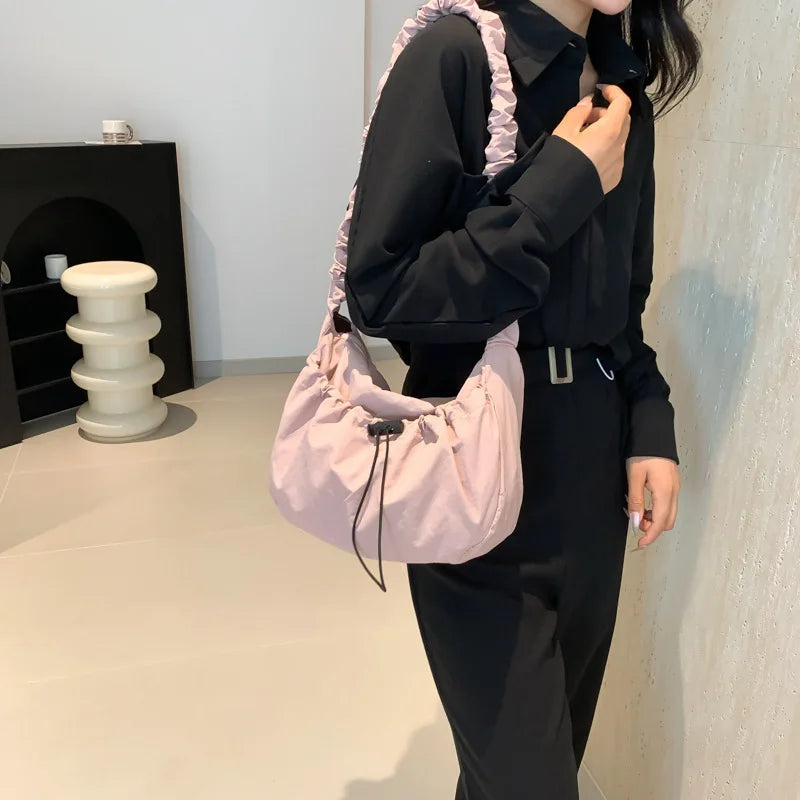 Ingvn  Soft Nylon Women's Drawstring Shoulder Bag Pleated Strap Female Hobos Crossbody Bags Large Capacity Ladies Solid Color Handbags