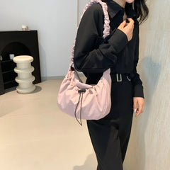 Ingvn  Soft Nylon Women's Drawstring Shoulder Bag Pleated Strap Female Hobos Crossbody Bags Large Capacity Ladies Solid Color Handbags