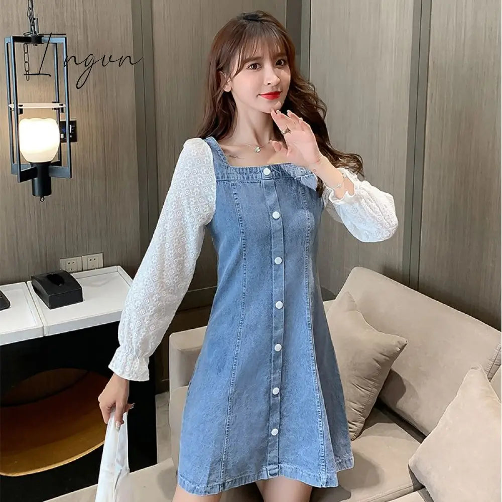 Ingvn - Denim Dress Fashion Lantern Sleeve Woman Dresses Clothes Gauze Patchwork Vestidos Ruffles Korean Off Shoulder Robe