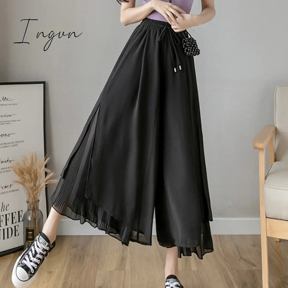 Ingvn - Elastic Wide Leg Pants Women Korean Fashion Chiffon Trousers Summer Casual Loose Pleated Pants Lady High Waist Street Skirt Pant