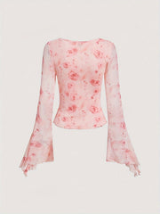 [Slim Floral Print Knot Tee] Floral Print Knot Front Slim T-Shirt, Elegant Flare Sleeve T-Shirt For Spring & Fall, Women's Clothing