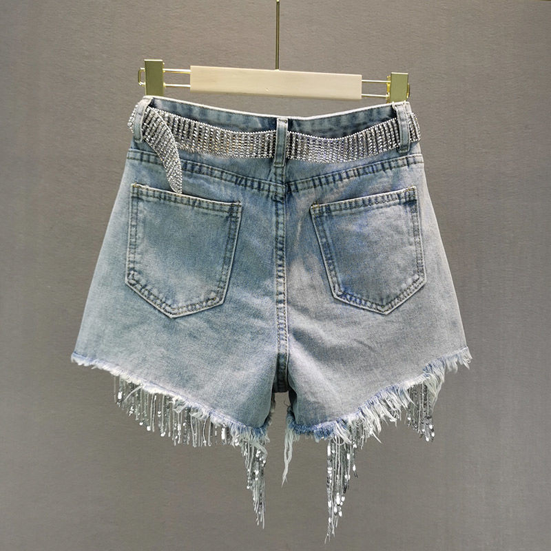 S-5XL Waist Beads Tassel Women'S Denim Shorts Summer Beading Wide Leg Thin Oversized Jeans Korean Streetwear Women Clothes