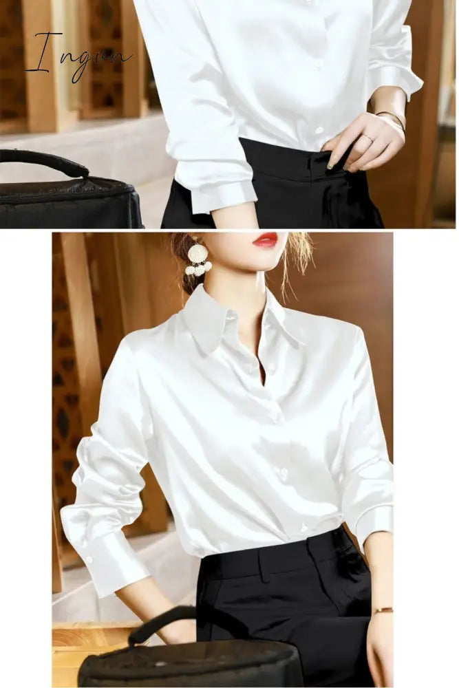 Ingvn - Brand Quality Luxury Women Shirt Elegant Office Button Up Long Sleeve Shirts Momi Silk Crepe Satin Blouses for Women Fashion Business Ladies Top