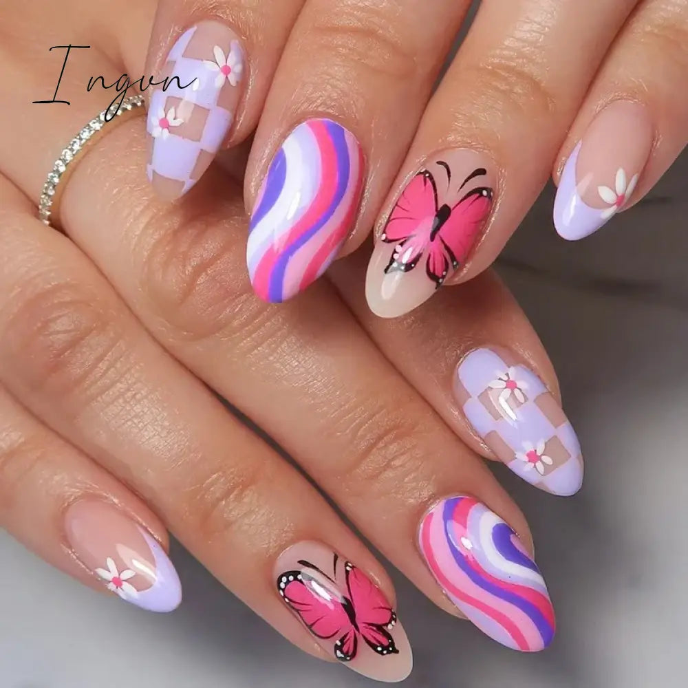 24Pcs Cute Oval False Nails Reusable And Adhesives Aesthetic False Almond Nails Complete Nail Kit Acrylic Press On Set For Gel