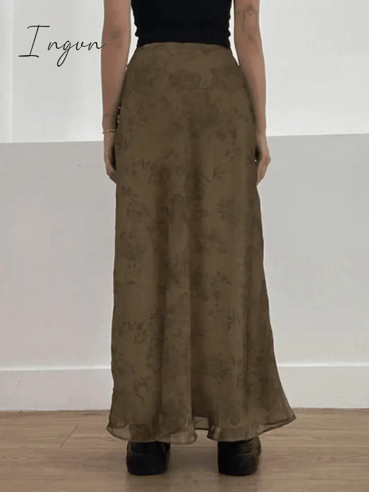 Ingvn - Vintage Mesh Floral Brown Maxi Skirt