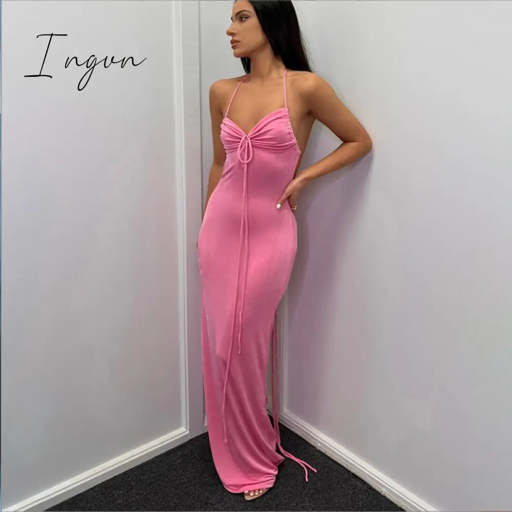 Ingvn - Sexy Hollow Out Corset Maxi Dress Party Dress Women Halter Cut Out  Wrap Split Long Dresses Summer Backless Clubwear Midi Robe