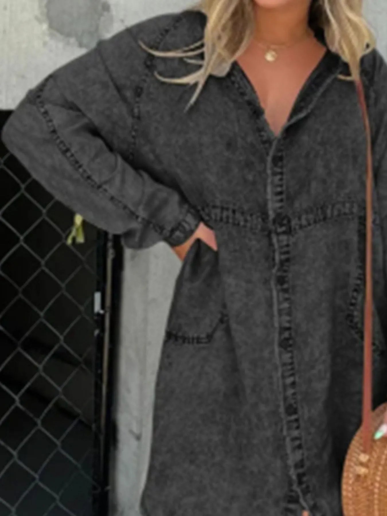 Full Size Button-Front Long Sleeve Denim Shirt Dress Plus Size