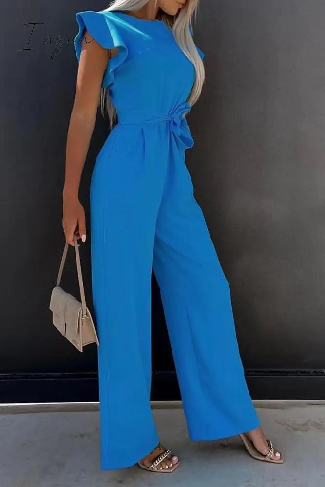 Ingvn - Casual Solid Flounce O Neck Straight Jumpsuits(3 colors)