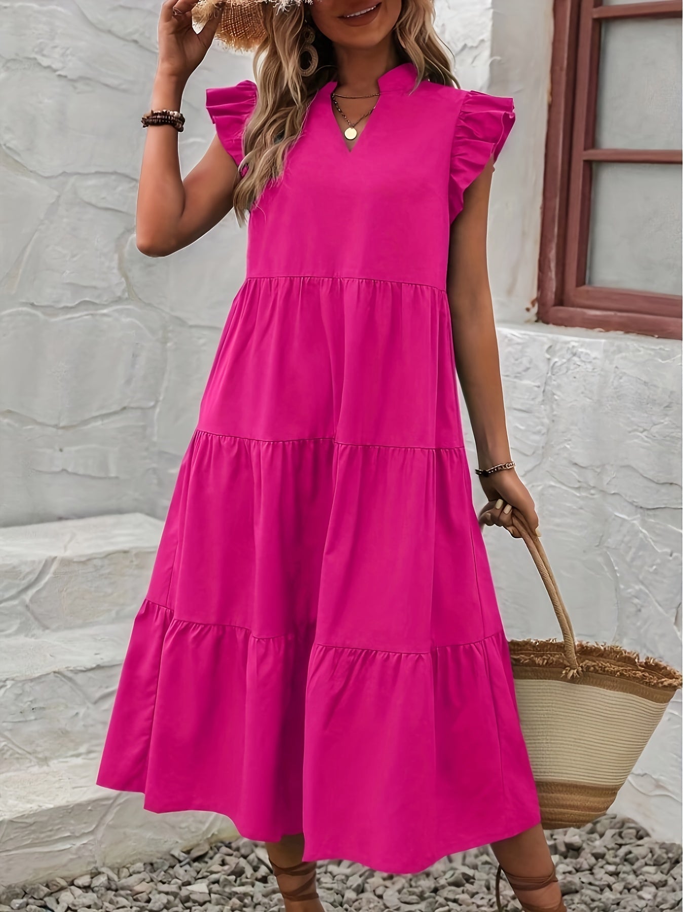 Elegant Ruffle Hem Dress - Flowy V Neck, Ruffled Sleeves, Loose Fit, Spring & Summer Essential, Women's Clothing for Elegant Dressing and Special Occasions