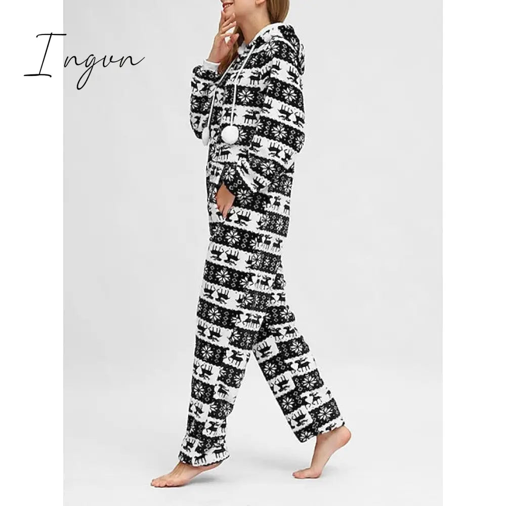 Ingvn - Women's Pajamas Jumpsuit Elk Snowflake Warm Fashion Casual Home Christmas Daily Polyester Breathable Hoodie Long Sleeve Pocket Fall Winter Black White