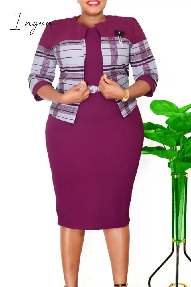 Ingvn - Purple Plus Size Elegant Striped Patchwork With Belt O Neck Wrapped Skirt Plus Size Two Pieces