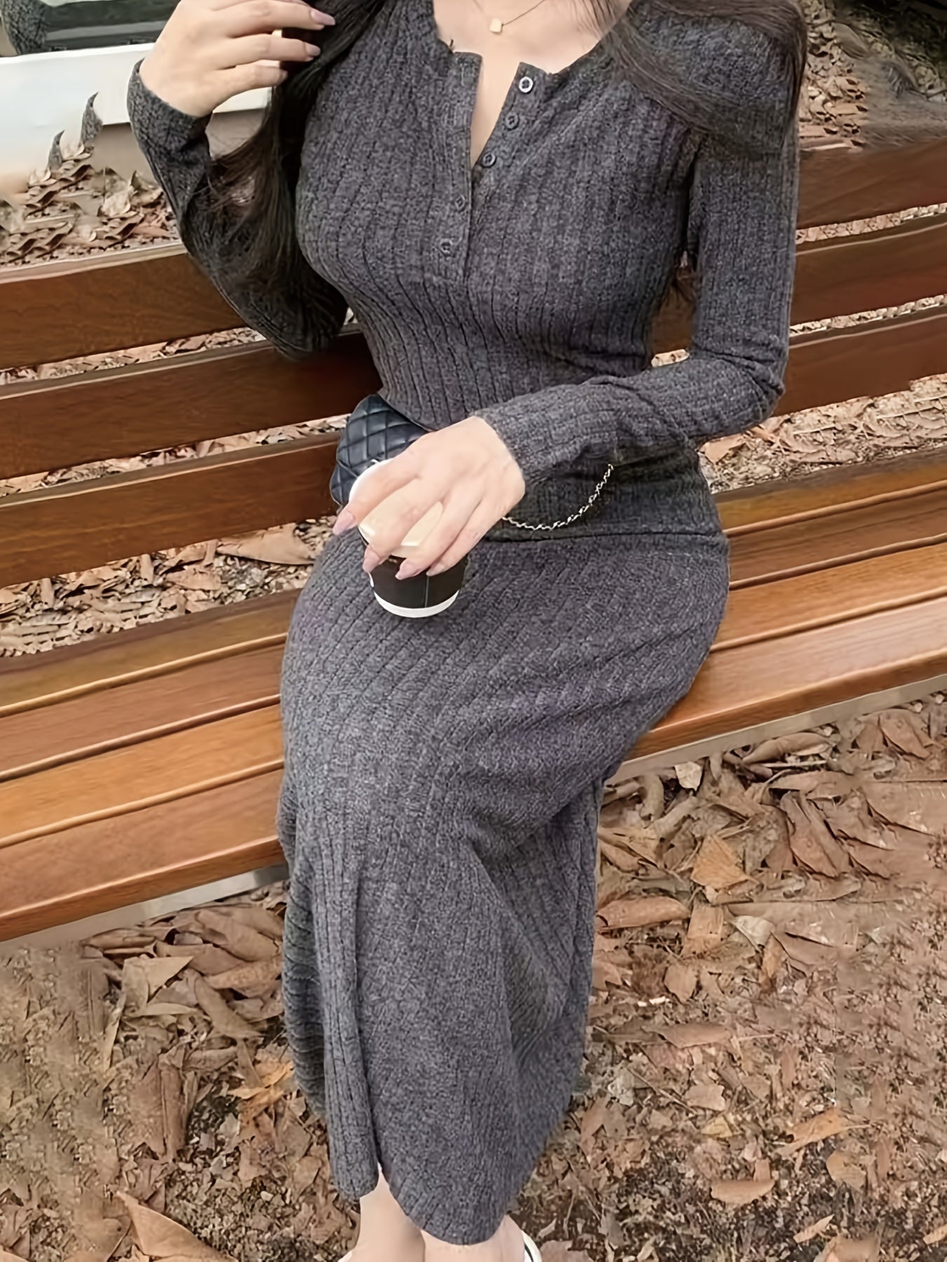 [Long Sleeve Fall Dress] Ribbed V Neck Dress, Casual Long Sleeve Dress For Fall & Winter, Women's Clothing