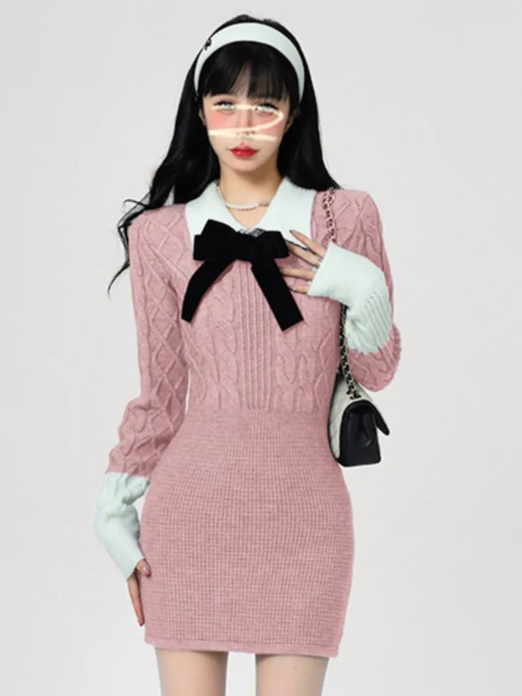 Y2K Autumn Knitted Bodycon Short Dresses Women Long Sleeves Bow Turn-down Collar Slim Dress Korean Chic Vestidos Mujer New