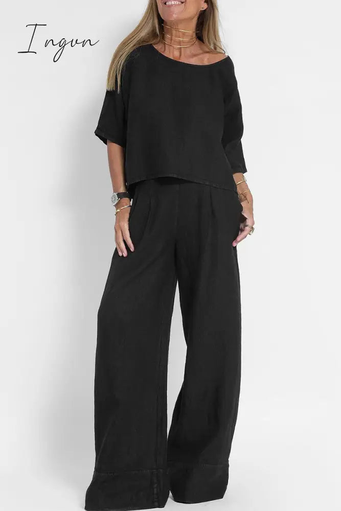 Ingvn - Casual Simplicity Solid Pocket O Neck Three Quarter Two Pieces