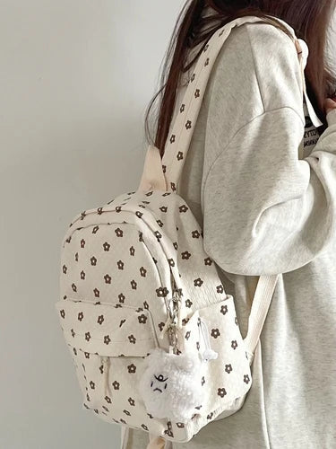 INGVN  Mini Japanese Sweet Floral Print Backpack Casual Y2k Aesthetic Preppy Schoolbags Women Kawaii All Match Backpacks for Students