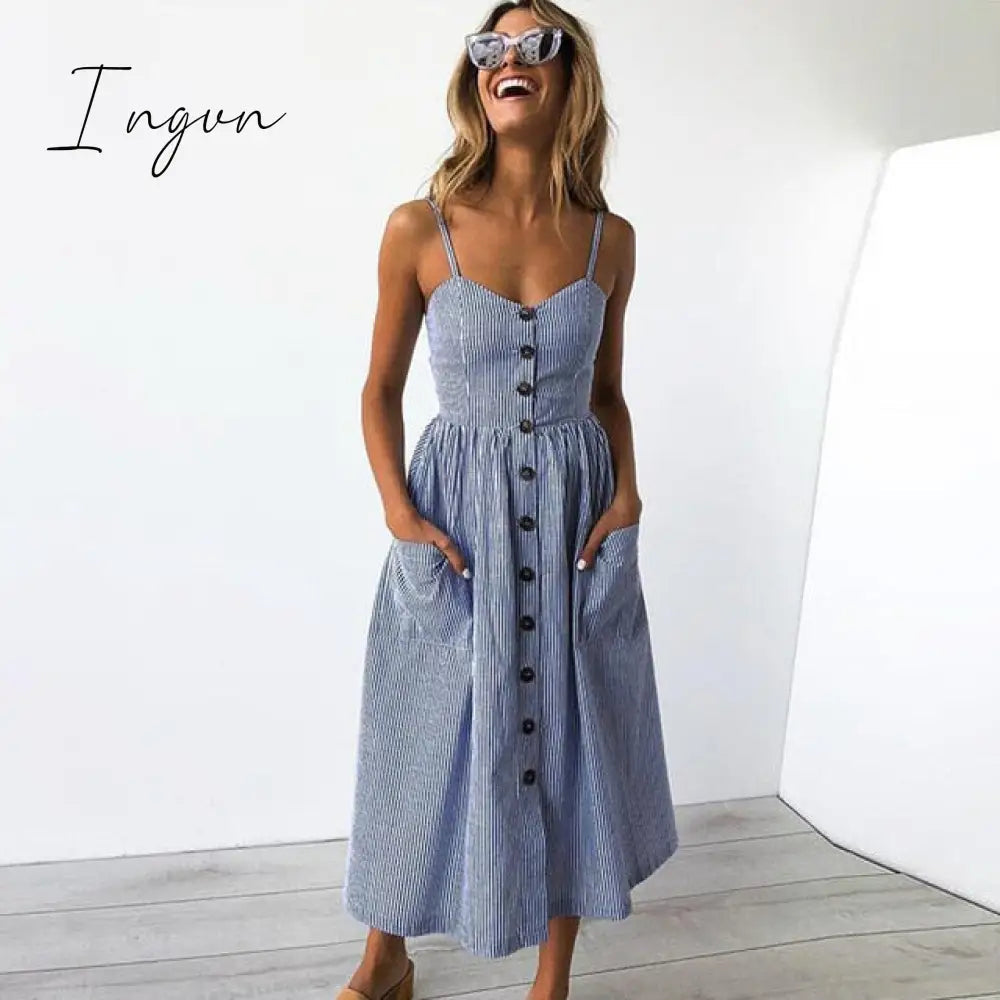Ingvn - Vintage Casual Sundress Female Beach Dress Midi Button Backless Polka Dot Striped Women Dress Summer Boho Sexy Floral Dress