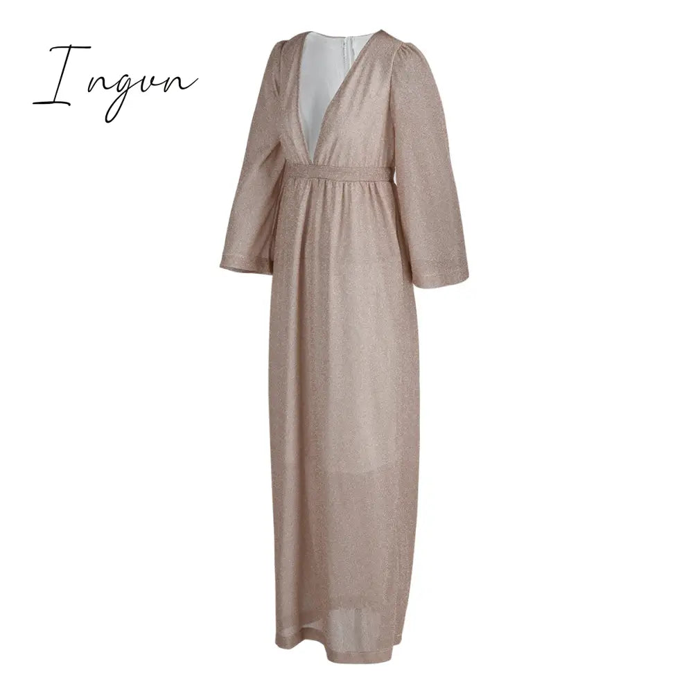 Ingvn - Fashion Elegant Solid Patchwork Fold V Neck Evening Dress Dresses(4 Colors)