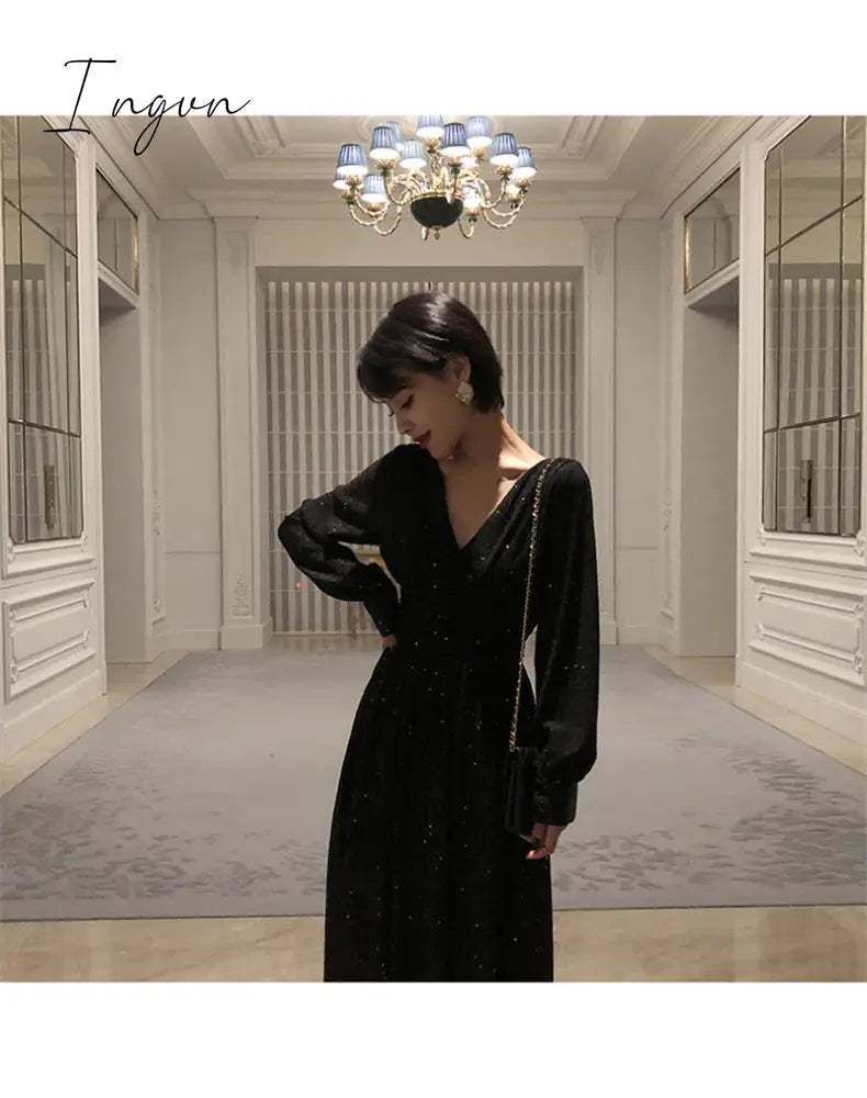 Ingvn - Vintage Glitter Long Maxi Dress Women Spring High Waist Long Sleeve Elegant Boho Dress Shiny Party Dress Plus Size Sexy