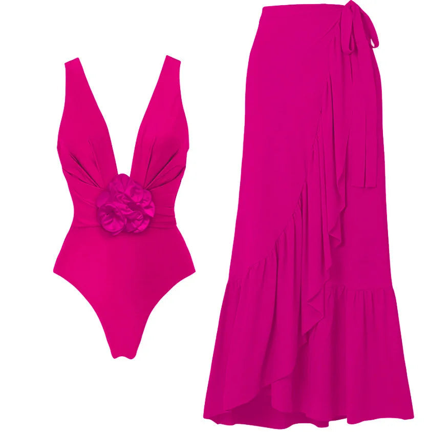Red Flower One Piece Swimwear With Cover Up Trend Swimsuit 2025 Sexy Biquini Luxury Woman Swimsuit Beach Outing Bodysuit Bathsui