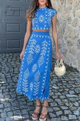 Ingvn - Casual Vacation Geometric Print Bandage Short Sleeve Two Pieces