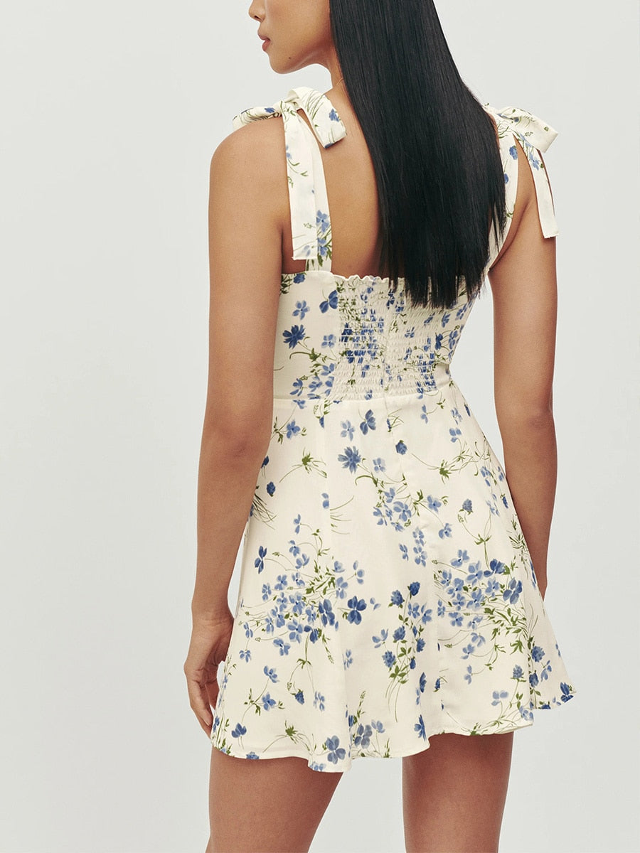 Summer Dress Women Floral Print Mini Dress Sweetheart Neck Sleeveless Spaghetti Strap Tie Beach Dress Vacation Sundress