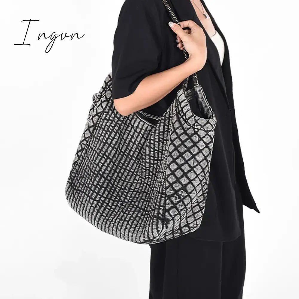 Ingvn - Large Capacity Tote Bags For Women Luxury Designer Handbags And Purses 2024 New In Denim Cloth Embroidery Rhombus Chain Shoulder